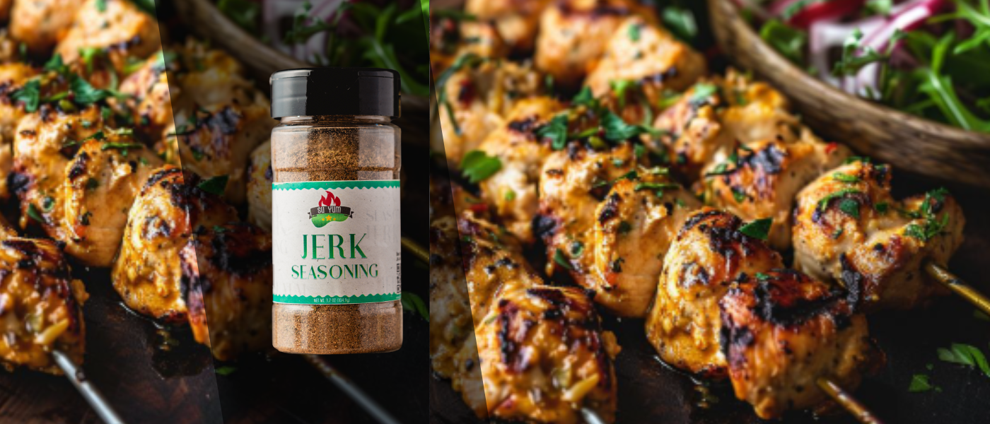 <img src="jerk-chicken-skewers.jpg" alt="Grilled Jerk Chicken Skewers marinated with SuYum Jerk Seasoning – Caribbean-style BBQ with bold flavor