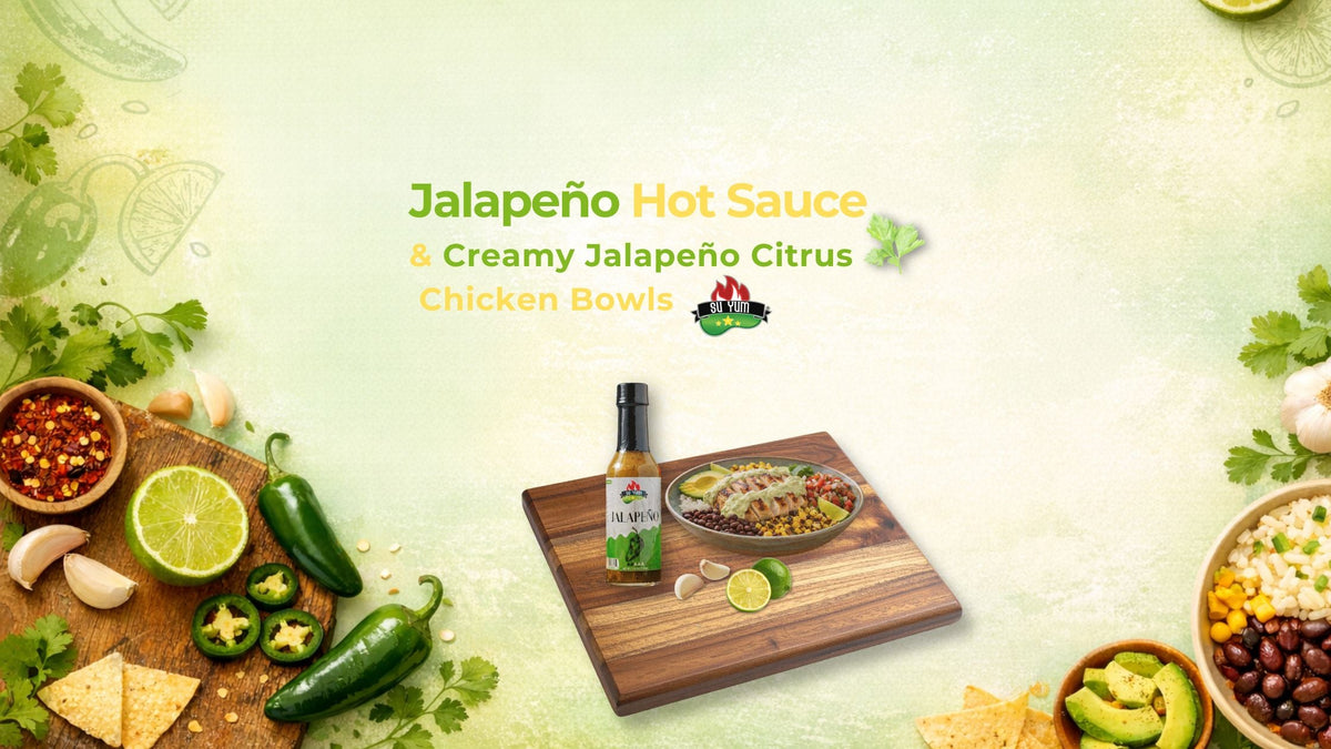 Jalapeño hot sauce bottle next to a recipe guide titled 'Creamy Jalapeño Citrus Chicken Bowls