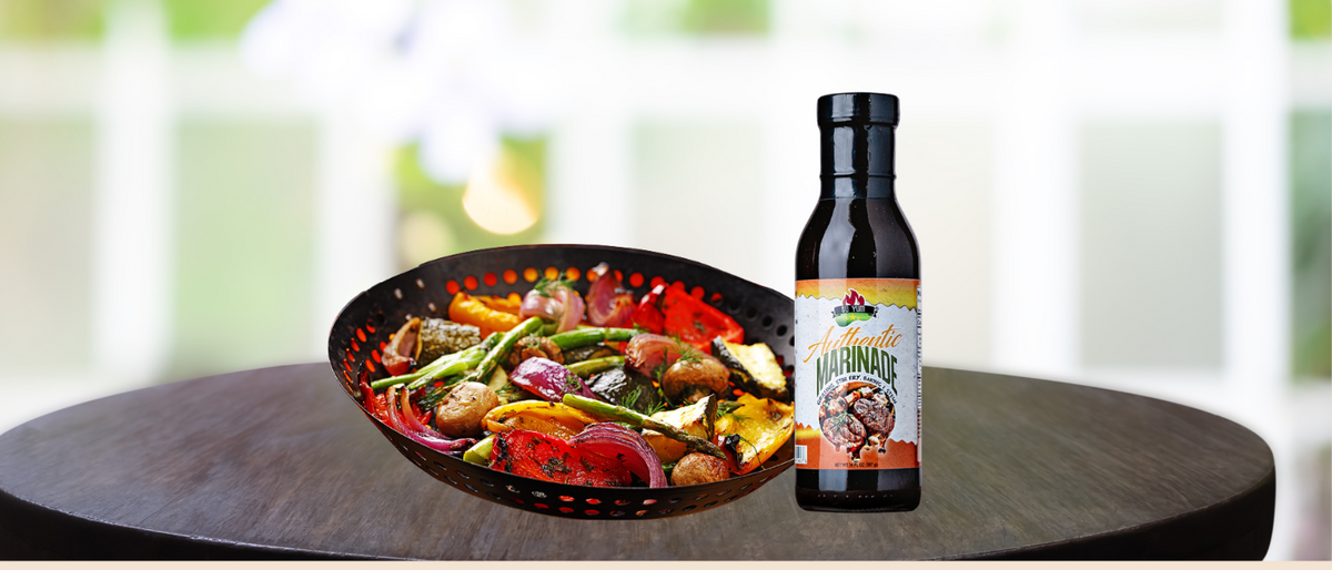 Grilled vegetables on a BBQ platter with colorful peppers, zucchini, and eggplant