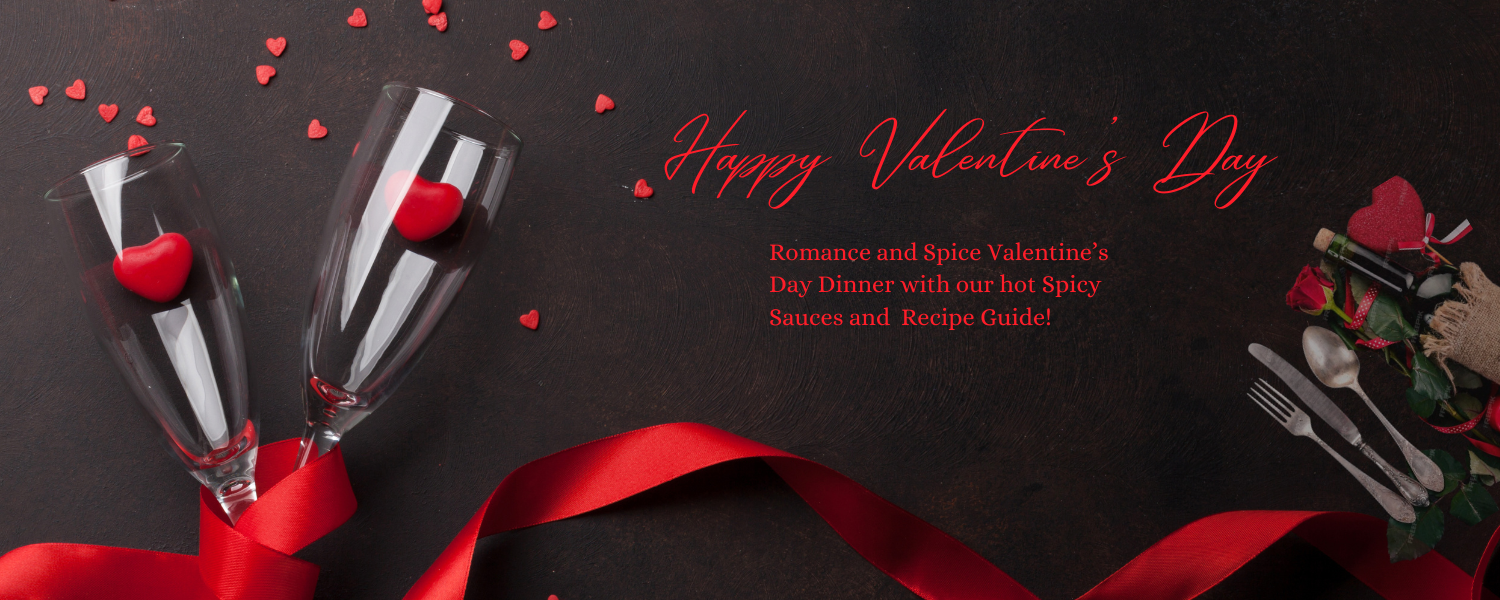 Variety of Valentine's Day-themed spicy hot sauces with bold labels, surrounded by romantic dΓ©cor like candles and red roses.