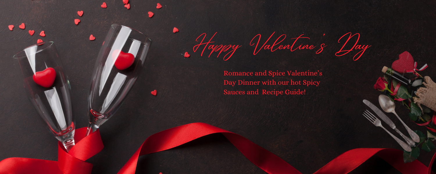 Variety of Valentine's Day-themed spicy hot sauces with bold labels, surrounded by romantic décor like candles and red roses.