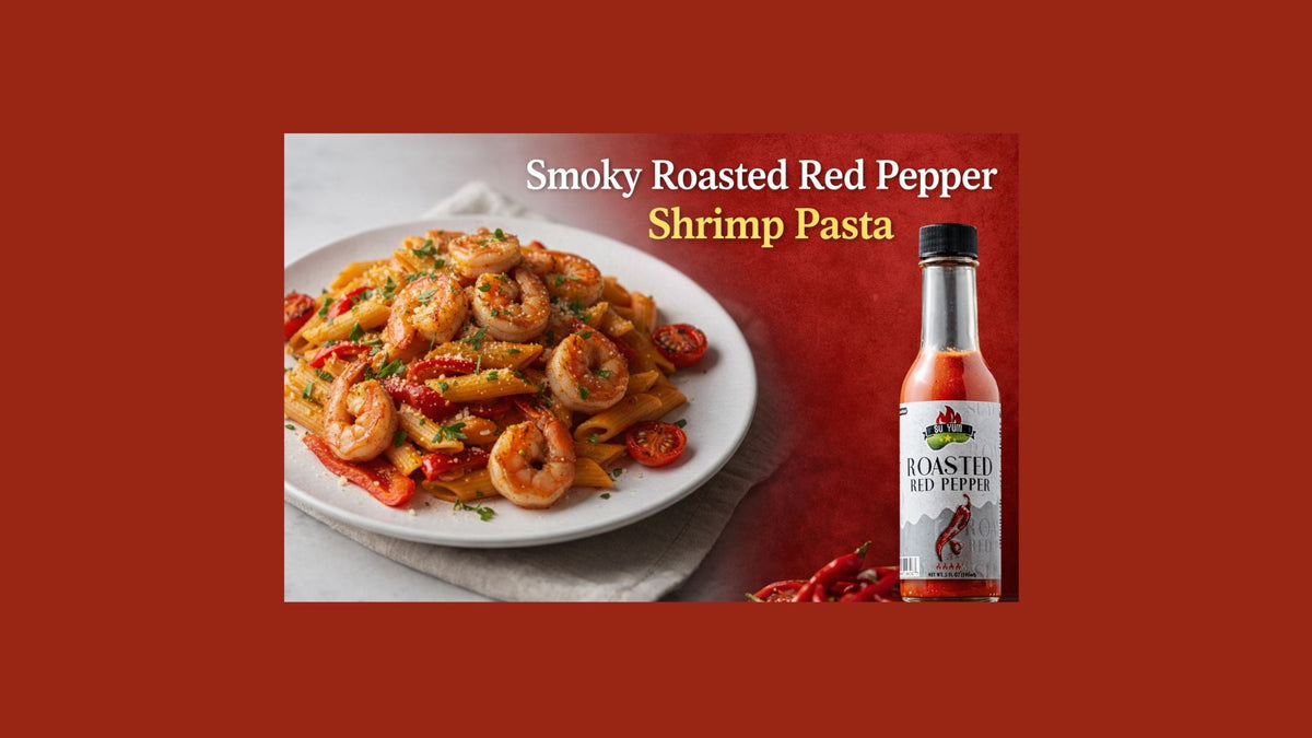 Creamy shrimp pasta with roasted red pepper sauce served in a bowl